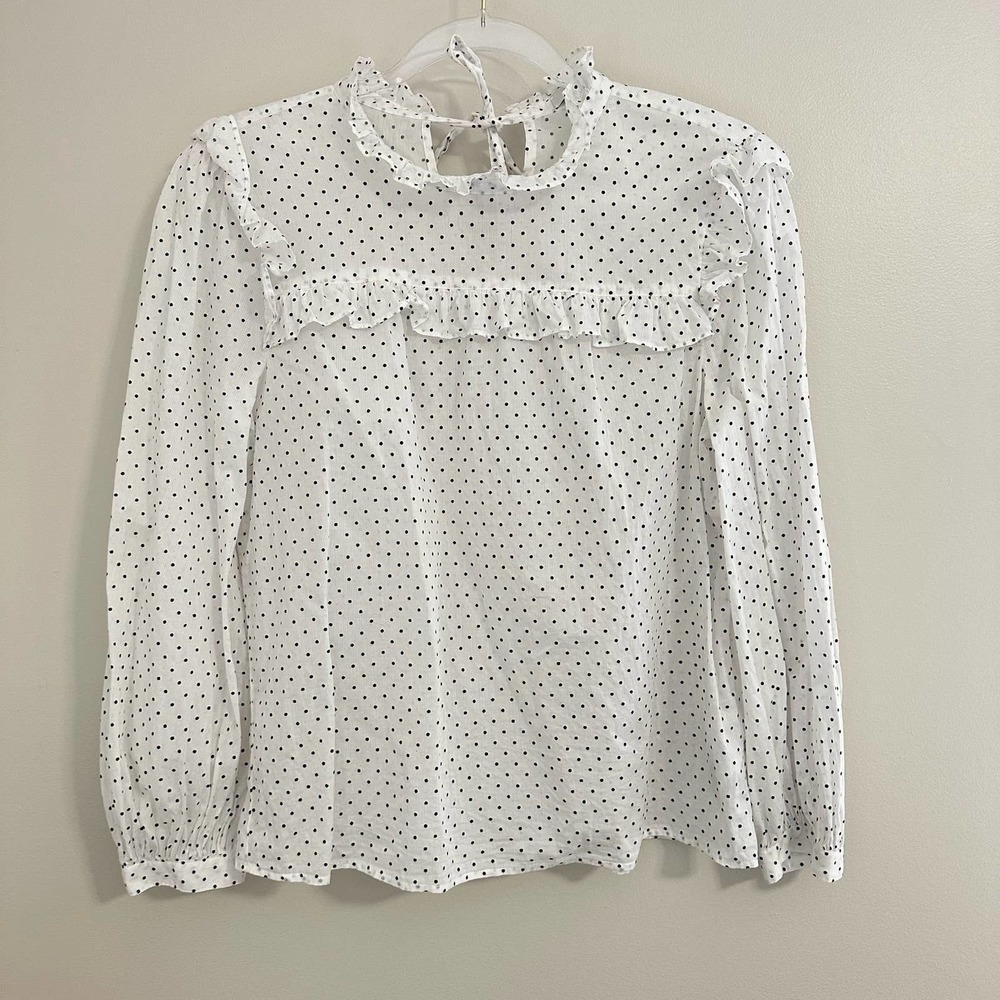 Madewell Mockneck Ruffle Top in Flocked Dot White and Black Blouse Size S